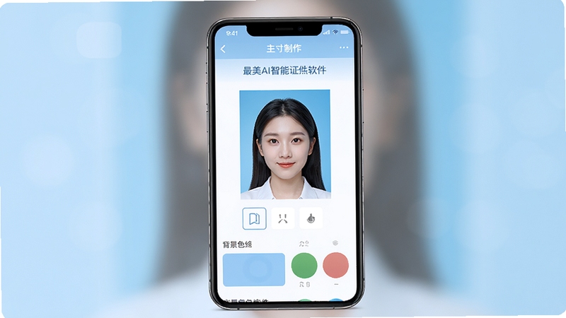 最美AI智能证件照软件主界面全貌展示,画面中央为手机屏幕正视图,屏幕内呈现证件照制作主页面包含尺寸选择区和背景色切换区,背景区域为浅蓝渐变虚化效果,整体风格清爽简洁,突出最美AI智能证件照的核心功能入口
