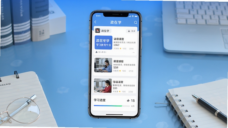 政在学学习教育平台手机App界面展示,画面中央是一部智能手机,屏幕显示政在学应用首页,包含课程列表和学习进度条,背景为简洁的蓝色渐变办公桌面,周围点缀书籍和笔记本元素,整体风格专业清新,扁平化设计,高清画质
