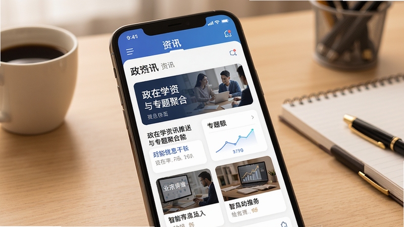 政在学资讯推送与专题聚合功能界面,手机屏幕展示政在学App的资讯流和专题卡片,卡片上有醒目的标题和缩略图,背景为现代简约的办公桌,桌面有咖啡杯和文具,色调温暖,突出信息聚合与智能推荐特点