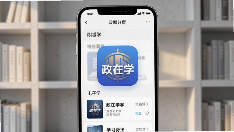 政在学权威学习资源库界面展示,手机屏幕呈现分类清晰的电子书和文档列表,背景为淡雅的浅灰色书架场景,柔和暖光照射,画面中央突出政在学App图标,整体风格沉稳大气,细节丰富,适合学习教育类应用展示