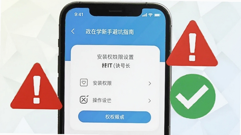 政在学新手避坑指南示意图,画面为一部手机屏幕显示安装权限设置界面,旁边有红色警示标志和绿色对勾图标,背景为浅色几何图案,风格简洁明了,突出安全提示与操作引导