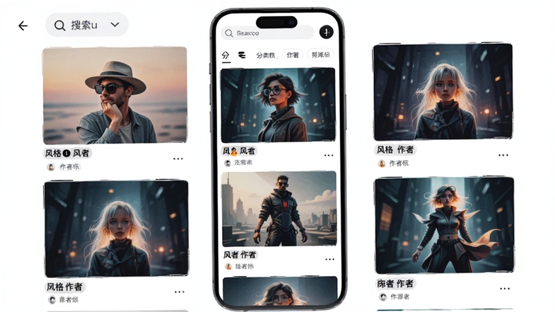 AI绘图秀灵感广场页面展示,画面为手机屏幕内呈现瀑布流布局的AI绘画作品,每张作品下方标注风格标签和作者信息,顶部有搜索框和分类筛选按钮,整体界面清爽,配色以白色和浅灰为主,适配Boogu模型生成