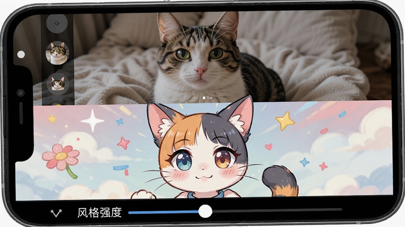 AI绘图秀图生图功能操作演示,画面展示手机屏幕上半部分为上传的宠物猫照片,下半部分为转化为二次元动漫风格的猫咪插画,对比效果鲜明,界面底部有风格强度滑块,整体配色清新明亮,适配Boogu模型生成