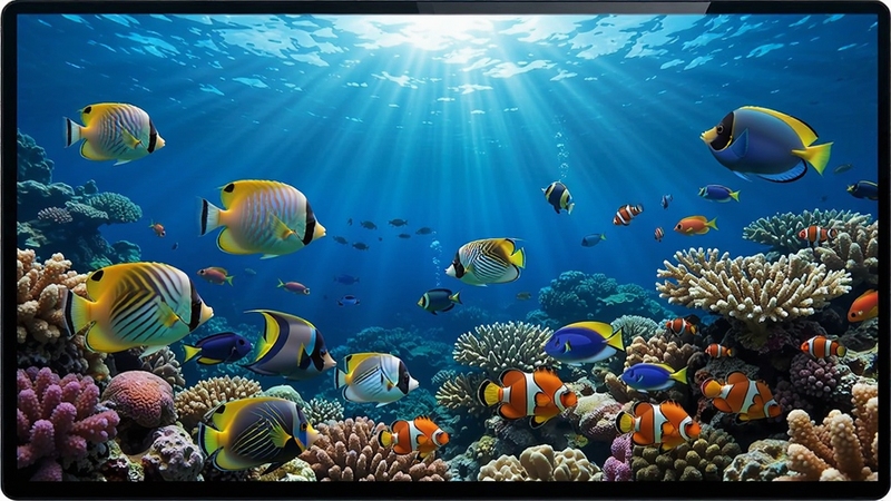 鱼缸屏保 海底世界 热带鱼群 珊瑚礁 蓝色海水 阳光穿透水面 高清写实风格