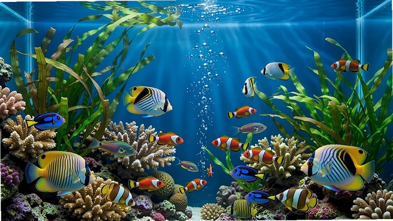 鱼缸屏保 高清桌面水族箱 色彩斑斓的热带鱼群在珊瑚礁间游动 水草摇曳 气泡上升 蓝色海水背景 写实风格 高清画质 屏幕保护程序预览图
