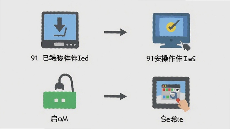91英语迷你版安装与设置操作流程示意图,包含下载、安装、启动、设置四个步骤的图标化展示,风格简洁扁平,背景为浅灰色,适合教程配图