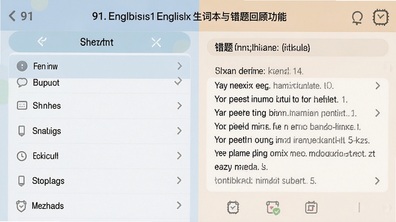91英语迷你版生词本与错题回顾功能界面,左侧为生词列表,右侧为错题详情,界面采用柔和护眼配色,布局清晰,适合学习场景