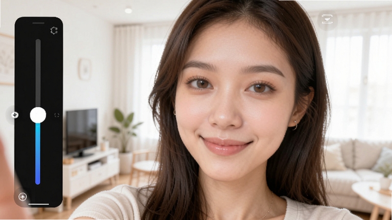 美颜自拍修图相机实时美颜界面截图风格,展示一位年轻女性自拍画面,面部有柔和的磨皮效果,屏幕侧边显示美颜强度滑块,背景为明亮的室内环境,适配Boogu模型生成