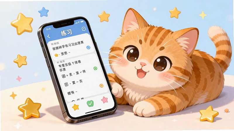 ��èſ���ֻ���Ļ�ԣ���Ļ��ʾ��ϰ����棬��Χɢ�伸��С������Ϊ����װ�Σ������������ã�������èѧ����Ƭ����ϰ����