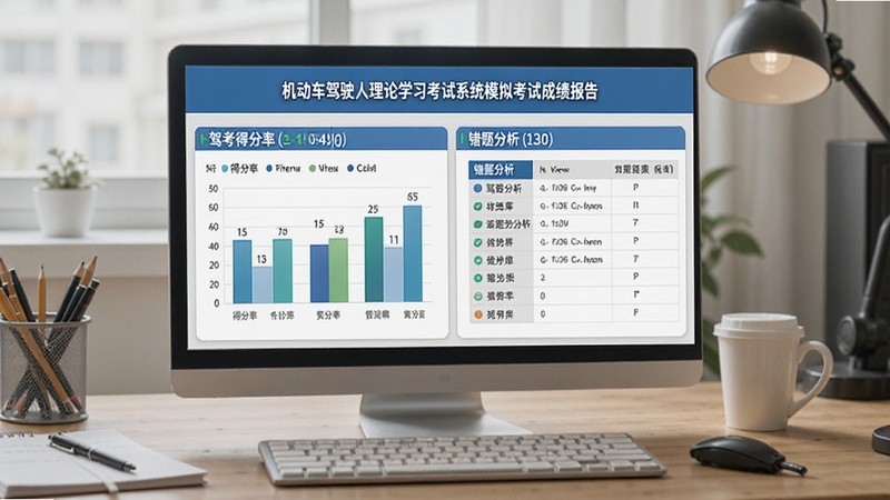 机动车驾驶人理论学习考试系统模拟考试成绩报告界面,画面展示得分率图表与错题分析,背景为驾考学习桌面,清晰专业,适配Boogu模型生成
