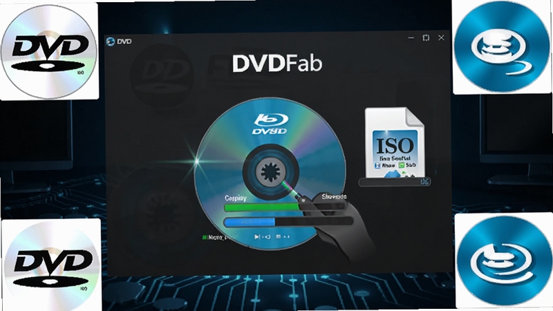 DVDFab 软件界面展示光盘备份功能模块,主视觉为一张蓝光光盘正在被复制成 ISO 镜像文件,背景是深色科技感桌面,屏幕中央显示进度条与解密状态,四周环绕 DVD 与蓝光标识,整体风格简洁专业,适合软件下载站配图