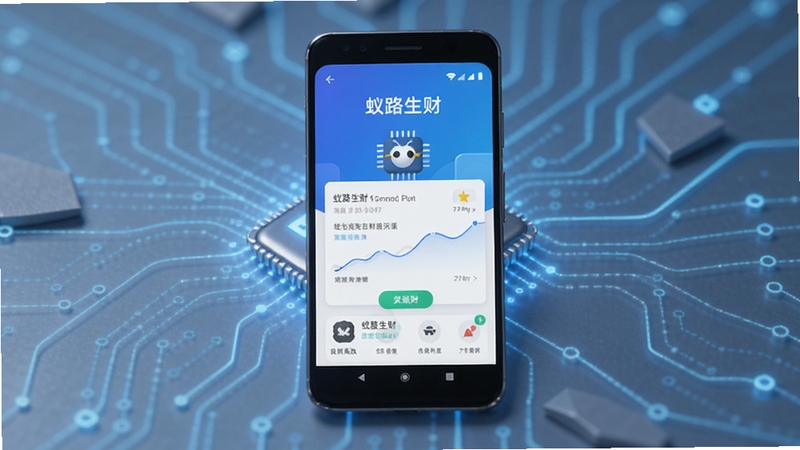 蚁路生财轻量运行概念图,画面主体为一部安卓手机,屏幕显示蚁路生财应用运行流畅的界面,背景为科技感浅色线条,整体传达轻便高效的产品印象