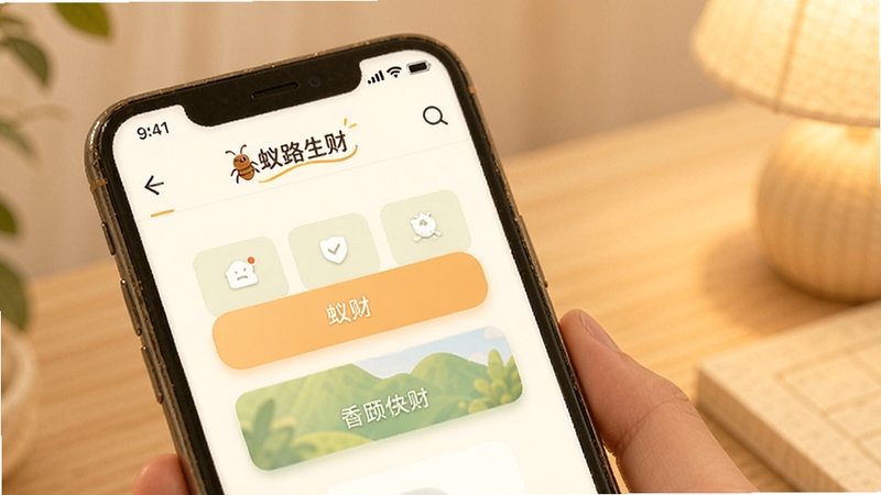 蚁路生财操作界面展示,画面主体为手机屏幕中简洁的功能按钮与导航栏,背景为柔和的暖色调,整体风格亲切易用,画面中包含蚁路生财名称