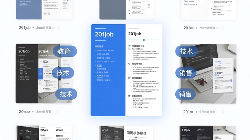 201job简历软件模板库预览界面,展示多款简历模板缩略图排列在浅色背景中,屏幕中央高亮显示一款蓝色简约双栏简历模板,周围环绕教育、技术、销售等分类标签,整体画面干净明亮,适合软件下载站展示