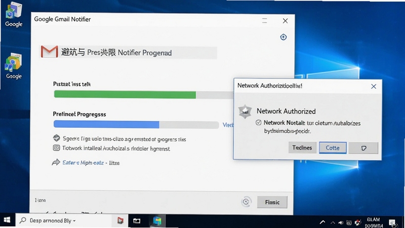 Google Gmail Notifier 安装向导界面与依赖组件检测提示,画面展示安装进度条和网络授权弹窗,背景为简洁的Windows桌面,风格清晰直观,突出安装避坑与权限设置要点