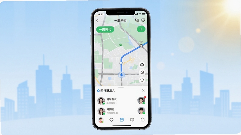 һ·ͬ������������ȫòչʾ����������Ϊ�ֻ���Ļ����Ļ�ڳ���һ·ͬ��APP�ĵ�ͼ������ͬ�к���ͷ���б�������Ϊ����ɫ�����������ߣ����Ͻ�����ů������Σ����������¼�࣬����Booguģ������
