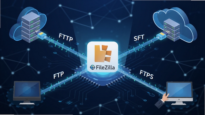 FileZilla��Э�鴫��ʾ��ͼ�����������Ƿ����FileZillaͼ�꣬������������������߷ֱ��עFTP��FTPS��SFTP���������������ƶ˷������뱾�ص��ԣ�����Ϊ������������˽ṹ���Ƽ�����ɫ����ϸ���������ʺ�Booguģ�����ɣ�ͻ��Э��������ȶ�����