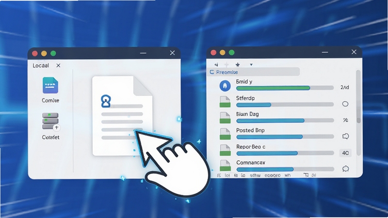 FileZilla��ק���������̬ʾ��ͼ��һֻ���ι������һ���ĵ�����౾�ش�����ק���Ҳ�Զ�̴��ڣ������������ʾ����ļ����������������ִ���ƽ�������������ٶ��߶�Ч�����ָ�Ч�����У��ʺ�Booguģ�����ɣ��ص�̻���ק���������ϸ��