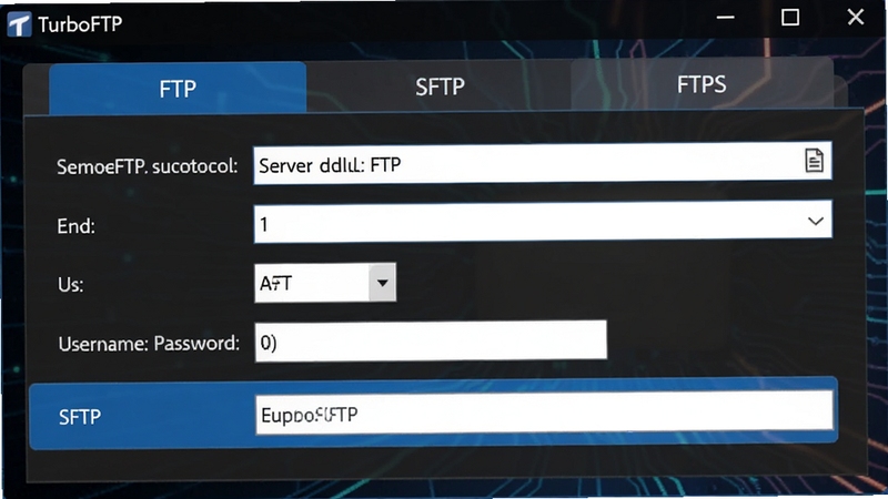 TurboFTP ��Э������������壬չʾ FTP��SFTP��FTPS ѡ��л�����������ַ�����˿ںš��û�����������򣬽�����רҵ����ɫ����ѡ�� SFTP ѡ�����Ϊ��ɫ�Ƽ��н��䣬�������� TurboFTP ��ʾ�ڴ��ڱ�����