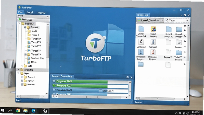TurboFTP ����������ȫ��Ԥ������౾���ļ�Ŀ¼�����Ҳ�Զ�̷������ļ��б����м䴫����н���������ɫ��Լ���Windows ���滷��������������ͼ��񣬻�������Ϊ TurboFTP ͼ���������ڣ�����Ϊǳɫ�칫����