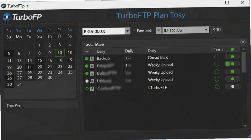 TurboFTP �ƻ��������ý��棬������ʱ��ѡ�����������б���ʾÿ�ձ��ݺ�ÿ���ϴ�����״ָ̬ʾ��Ϊ��ɫ������Ϊ���ɫרҵ���TurboFTP ������־��ʾ��������嶥��