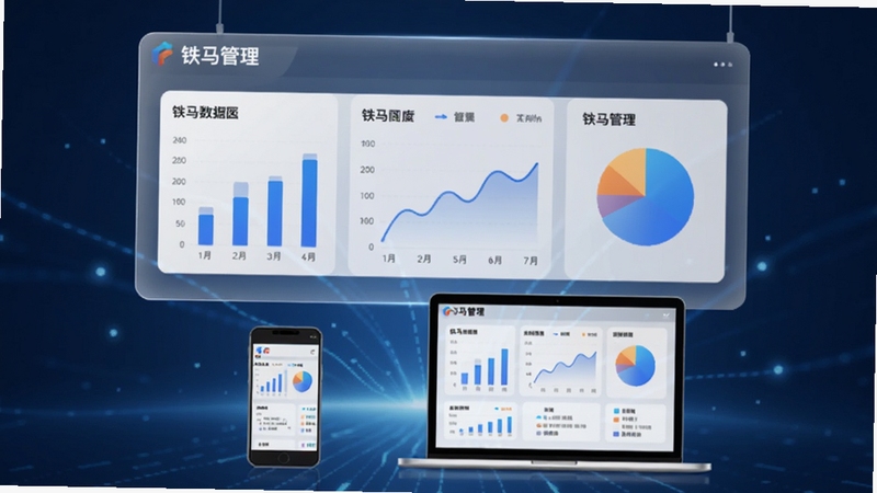 铁马管理数据统计界面示意图,画面主体为悬浮在空中的半透明数据面板,面板上显示柱状图、折线图与饼图,下方有手机和笔记本电脑同步展示相同数据,背景为深蓝色科技感渐变,光线柔和,体现数据同步与智能分析,软件名称铁马管理出现在面板顶部