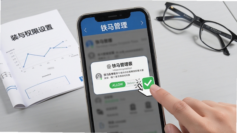 铁马管理安装与权限设置示意图,画面展示一部手机屏幕内弹出权限请求对话框,旁边有手指点击允许的图标,背景为浅灰色桌面,桌上放着说明书和眼镜,整体风格写实清晰,软件名称铁马管理出现在手机屏幕顶部