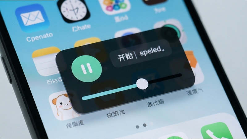 连连速点悬浮窗控制面板特写,面板上带有开始暂停按钮与速度调节条,手机屏幕背景为模糊的应用界面,整体色调清爽简洁,突出便捷操控的特点