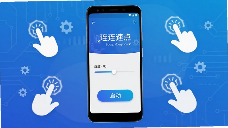 画面中央展示一部安卓手机,手机屏幕上显示连连速点应用主界面,界面包含速度调节滑块与启动按钮,背景为简洁的科技蓝渐变风格,周围环绕点击手势图标与齿轮元素,整体构图突出极速点击与智能操控主题,适合Boogu模型生成