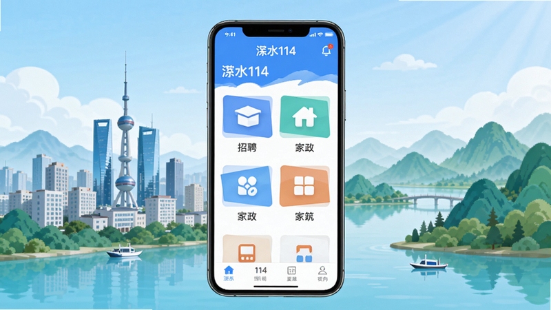 整体展示溧水114应用的全貌,画面中央放置一部智能手机,手机屏幕显示溧水114应用首页界面,包含招聘、房产、家政等分类图标,背景为溧水城市天际线与绿水青山的融合场景,画面风格清新明亮,采用扁平化UI设计风格,色彩以蓝色和白色为主调,整体构图简洁大气