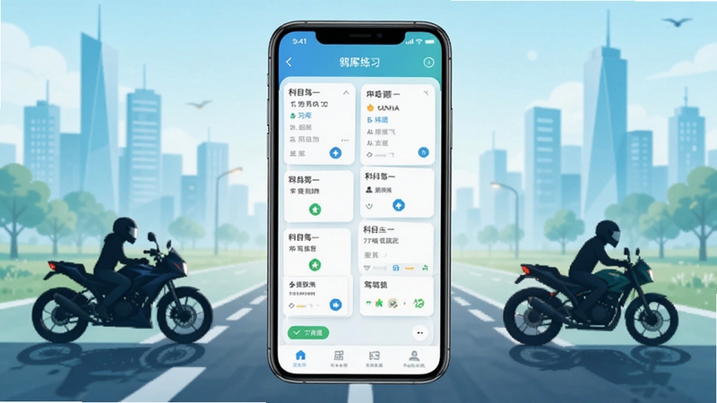摩托车驾照增驾通软件主界面预览图,画面中央展示手机屏幕内科目一题库练习界面,背景为城市道路与摩托车剪影,整体色调清新明亮,突出驾考学习氛围
