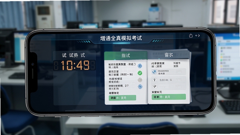 摩托车驾照增驾通全真模拟考试界面,手机屏幕显示考试倒计时与答题卡,背景为考场座位与电脑屏幕虚化效果,画面风格写实且具有科技感