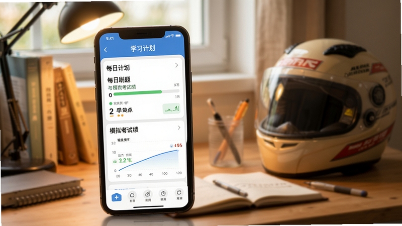 摩托车驾照增驾通学习计划界面,手机屏幕显示每日刷题进度与模拟考试成绩曲线图,背景为书桌与摩托车头盔,画面温馨且富有学习氛围