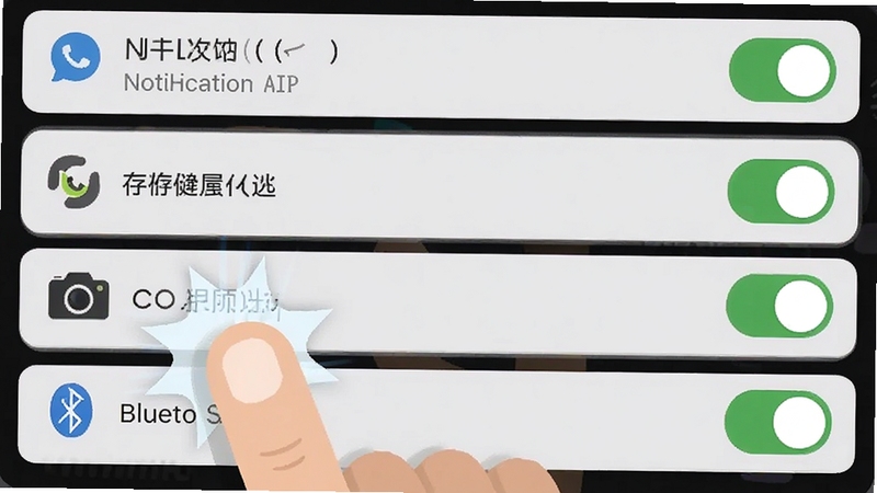 AIR宠物 手机权限设置界面截图风格,展示通知、存储、相机、蓝牙权限开启状态,配有手指点击操作的动态效果,简洁扁平插画风格