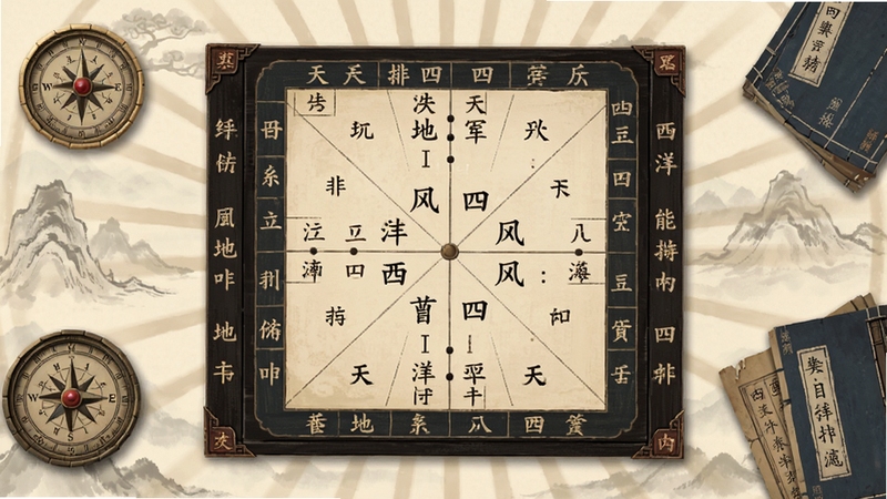 软件主界面全景,画面中央展示西风四柱八字排盘系统的经典盘面布局,天干地支排列整齐,背景为淡雅的中国风纹理,四周点缀罗盘与古籍元素,整体色调沉稳大气,适合Boogu模型生成