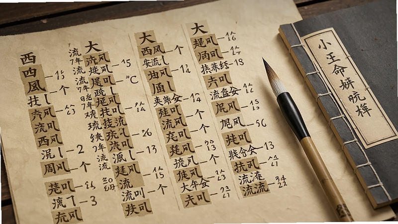 西风四柱八字排盘系统大运流年界面特写,画面中显示多列大运干支与流年标注,背景为柔和的米黄色纸张质感,旁边放着一支毛笔和一本翻开的线装书,营造传统命理研究氛围