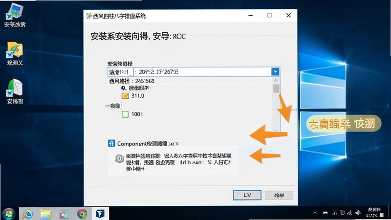 西风四柱八字排盘系统安装向导截图,画面显示安装路径选择界面与组件检测提示,背景为简洁的Windows桌面,旁边配有箭头标注关键步骤