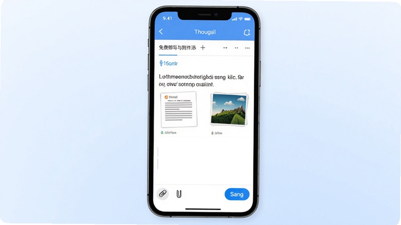 手机邮件邮箱免费邮件撰写与附件添加界面图,画面中央一部手机显示正在编辑的邮件内容,下方有回形针附件图标和发送按钮,背景为淡蓝色渐变,细节包含文档和图片缩略图,风格清新