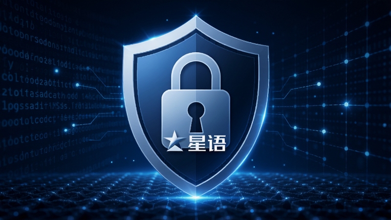 星语数据安全保护示意图,画面中央为盾牌与锁形图标组合,盾牌表面印有星语标识,背景为数字代码流与安全网格纹理,整体色调为科技蓝