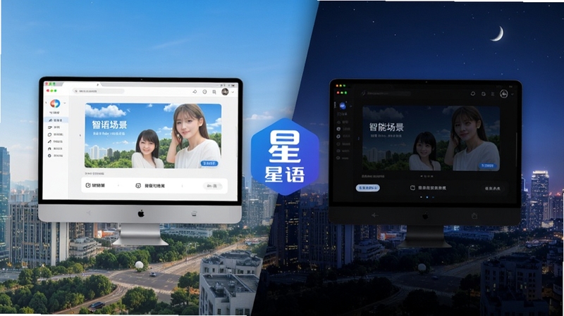 星语智能场景适配功能展示,画面左侧为白天明亮界面,右侧为夜间深色界面,中间以星语Logo衔接过渡,背景为城市昼夜交替景象,体现智能切换概念