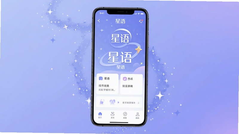 星语应用主界面展示,画面中央为手机屏幕呈现星语软件首页,背景为柔和渐变蓝紫色调,四周点缀星光粒子效果,整体风格简洁现代,突出星语品牌标识