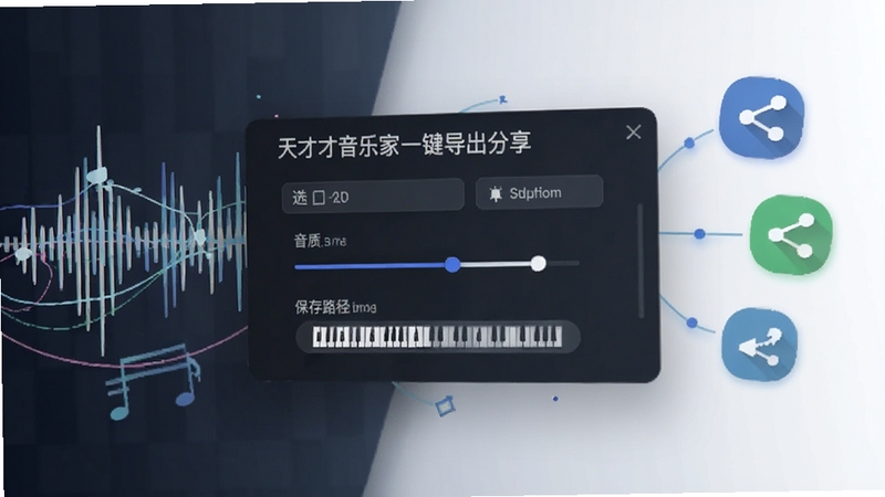 天才音乐家一键导出与分享功能示意图,画面展示软件导出设置弹窗,包含格式选择、音质调节与保存路径选项,背景为音乐波形与分享图标组合,整体风格简洁商务