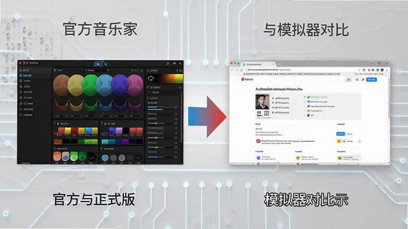 天才音乐家官方正式版与模拟器对比示意图,画面左侧展示官方软件完整界面与丰富音色库,右侧为简易网页版界面,中间用对比箭头分隔,背景为浅灰色科技纹理,突出官方版本的功能完整性