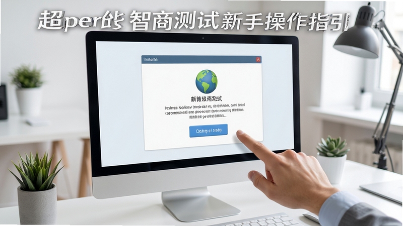 Superme智商测试新手操作指引图,画面中央为电脑屏幕显示安装向导界面,旁边有手指点击按钮的特写,背景为简约办公桌面,风格清晰明了,高清细节
