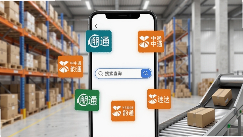 快递包裹速查多快递聚合查询功能展示图,画面中心为手机界面显示圆通、中通、韵达等多个快递标识围绕一个搜索框,背景为淡灰色物流仓库货架场景,画面右下角有包裹分拣传送带细节,整体为写实风格,突出聚合查询的便捷感