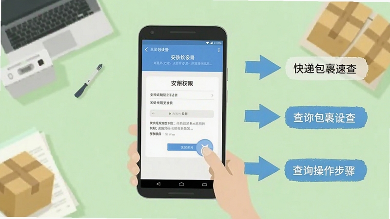 快递包裹速查使用教程示意图,画面中央为一部安卓手机展示安装权限设置界面与查询操作步骤,背景为浅绿色桌面环境,画面右侧有箭头引导标注,风格为扁平化教学插画,突出新手引导感