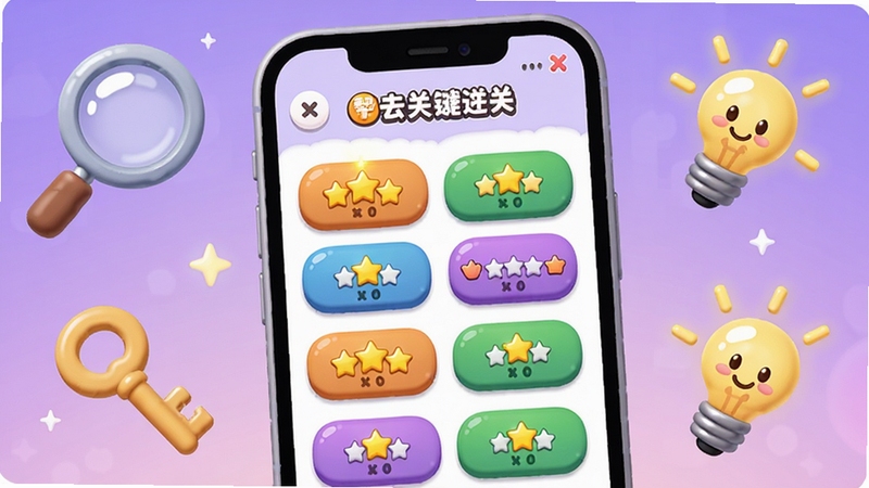 ����չʾһ���ֻ���Ļ��д����Ļ���ǿ����ͨ�صĹؿ�ѡ����棬�����������ɫ�ؿ���ť���е��Ѿ��������ǣ��еĻ��ڵȴ���ս���ֻ���ΧƯ���ŷŴ󾵡�Կ�׺���ʾ���ݣ���������͵Ľ�����ɫ��������ɰ���Ȥ