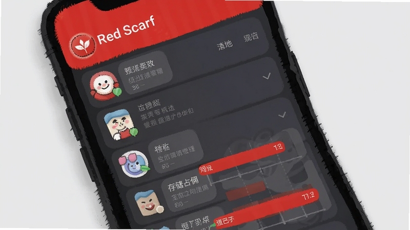 Red Scarf 应用管理界面截图风格插画,手机屏幕显示应用列表与存储占用条形图,界面中带有Red Scarf标识,背景为浅灰色,突出管理功能,适配Boogu模型生成