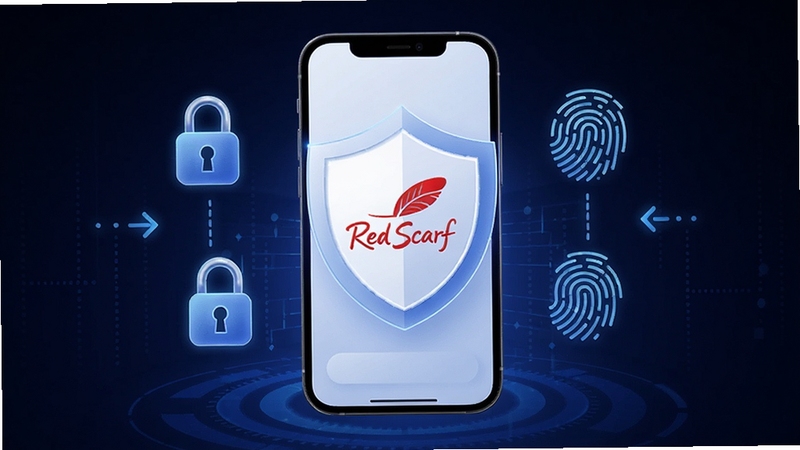 Red Scarf 隐私安全防护功能概念图,画面中央是一个带有盾牌图标的手机界面,盾牌上有Red Scarf标识,周围环绕锁形与指纹元素,背景为深蓝色科技感渐变,适配Boogu模型生成