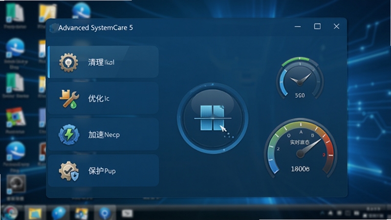 Advanced SystemCare 5 ����������ȫòչʾ����������Ϊ����ɫ���Ĺ�����壬�������Ϊ�������Ż������١������Ĵ�ģ��ͼ�꣬�Ҳ�ΪԲ��ɨ�谴ť��ʵʱ״̬�Ǳ��̣���������Ϊ�黯�ĵ���������Ƽ���Ч����������רҵ������ϵͳ��������������ͼ